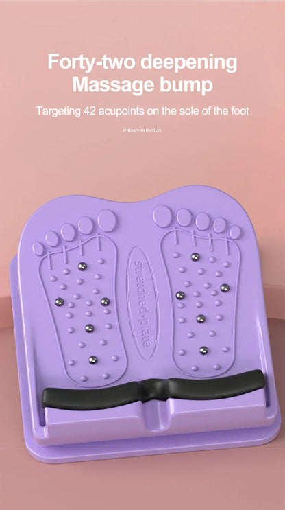 Purple foot massager with text on a pink background