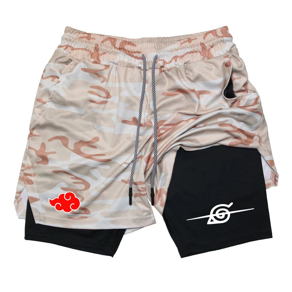 Men’s Anime Double Layer Workout Shorts – Quick-Dry Gym & Running Training Pants (M–3XL) - OJABay