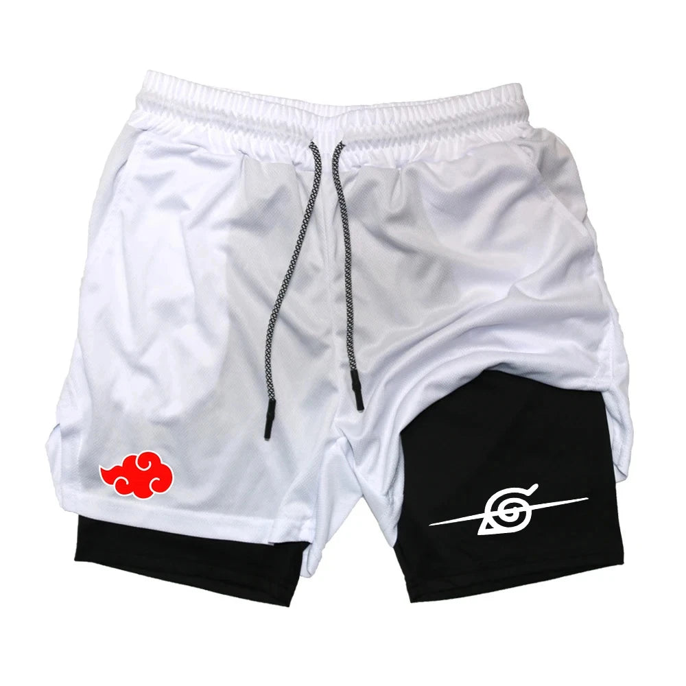 Men’s Anime Double Layer Workout Shorts – Quick-Dry Gym & Running Training Pants (M–3XL) - OJABay