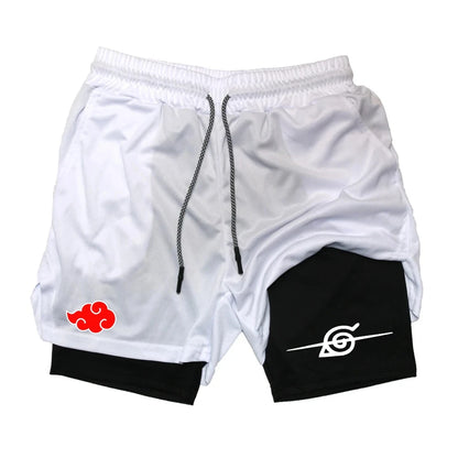Men’s Anime Double Layer Workout Shorts – Quick-Dry Gym & Running Training Pants (M–3XL) - OJABay