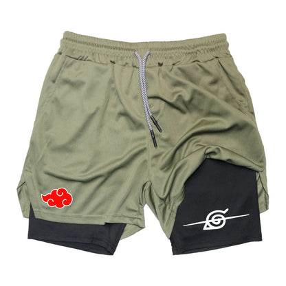 Men’s Anime Double Layer Workout Shorts – Quick-Dry Gym & Running Training Pants (M–3XL) - OJABay