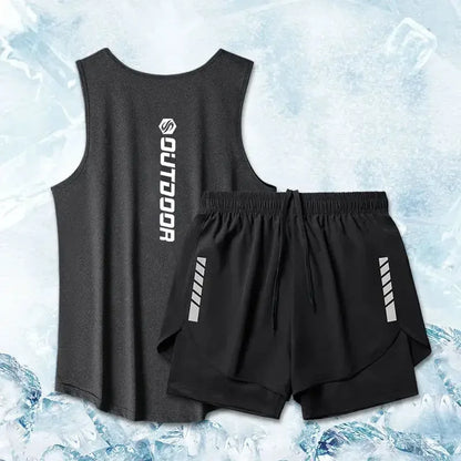 Black sleeveless shirt and shorts set with 'OUTDOOR' branding on a textured light blue background