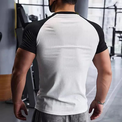 Men's Summer Compression Sports T-Shirt – Quick-Dry, Elastic, Striped Gym Tee - OJABay