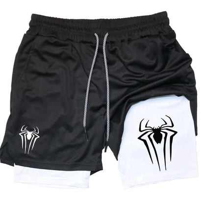 Y2K Spider Print 2-in-1 Men's Workout Shorts – Compression + Mesh Layer - OJABay