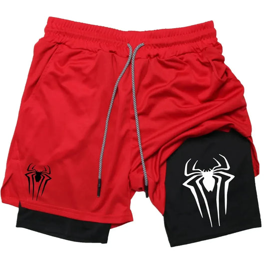 Y2K Spider Print 2-in-1 Men's Workout Shorts – Compression + Mesh Layer - OJABay