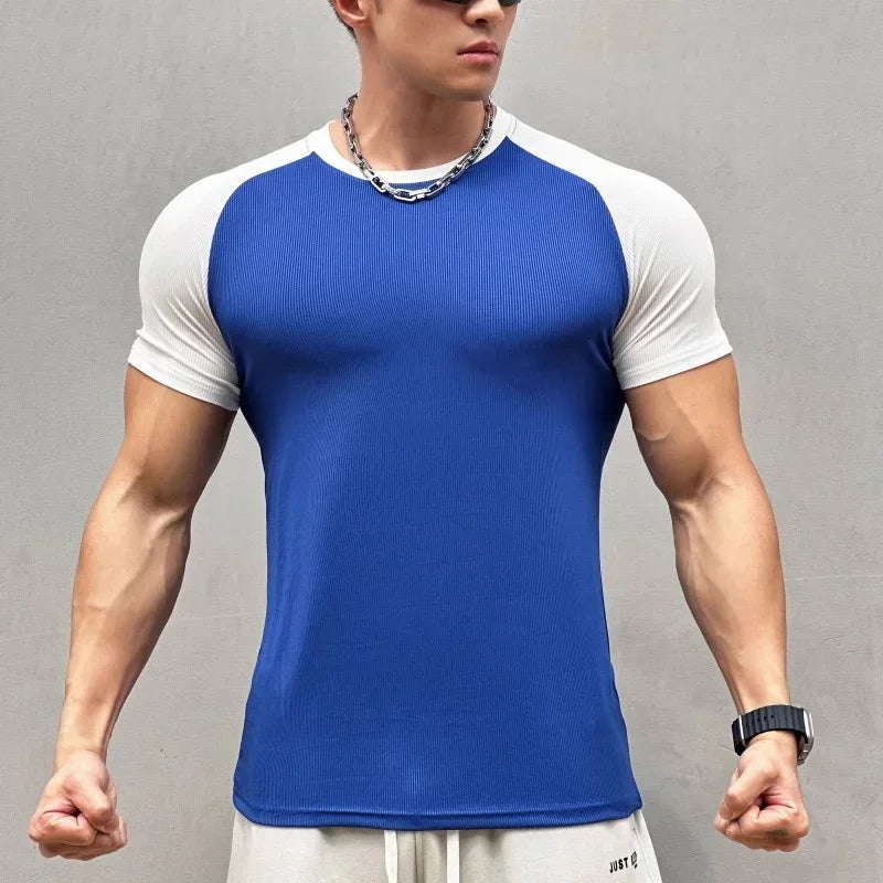 Men's Summer Compression Sports T-Shirt – Quick-Dry, Elastic, Striped Gym Tee - OJABay