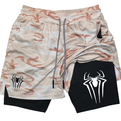Y2K Spider Print 2-in-1 Men's Workout Shorts – Compression + Mesh Layer - OJABay
