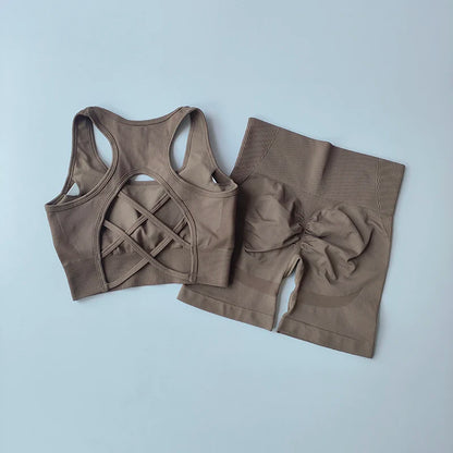 2-Piece Seamless Yoga Set for Women – High Waist Shorts & Sports Bra | Breathable, Quick-Dry Gym Workout Outfit - OJABay