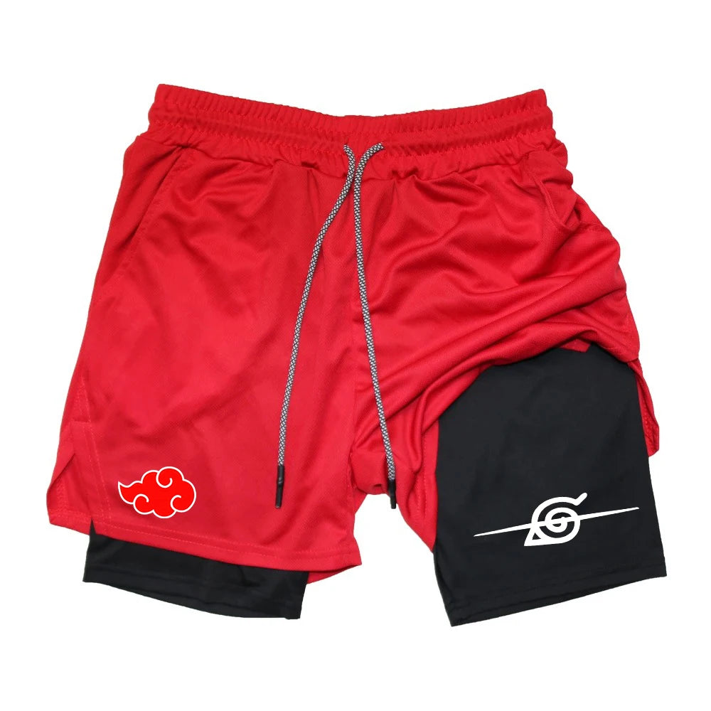 Men’s Anime Double Layer Workout Shorts – Quick-Dry Gym & Running Training Pants (M–3XL) - OJABay