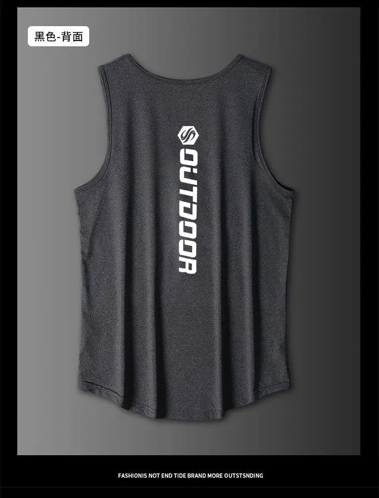 Gray tank top with 'OUTDOOR' logo on the back against a gray background