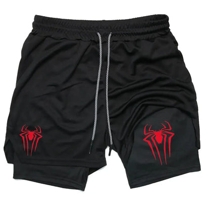 Y2K Spider Print 2-in-1 Men's Workout Shorts – Compression + Mesh Layer - OJABay