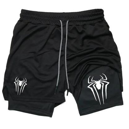 Y2K Spider Print 2-in-1 Men's Workout Shorts – Compression + Mesh Layer - OJABay